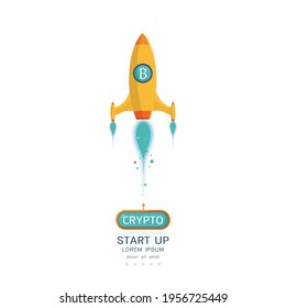 The concept of Bitcoin Cryptocurrency. Rockets fly with the bitcoin icon. Crypto market goes up on white background vector illustration