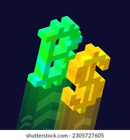 Concept of Bitcoin and Dollar signs assembled from plastic blocks in isometric style for print and design. Vector clipart.