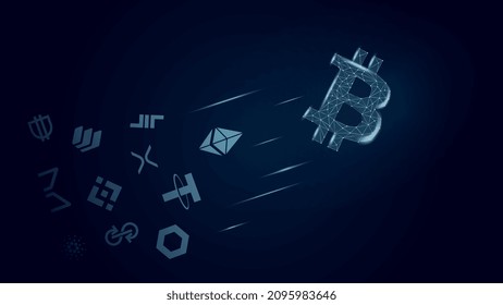 Concept Bitcoin is flying ahead altcoins. Leader of cryptocurrencies ahead of other coins. Vector illustration.