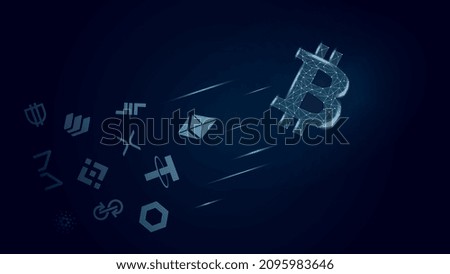 Concept Bitcoin is flying ahead altcoins. Leader of cryptocurrencies ahead of other coins. Vector illustration.