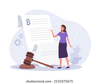 Concept of bitcoin. Girl concludes contract on Internet, security of transactions. Woman looking at piece of paper, copyright protection and laws, digital world. Cartoon flat vector illustration