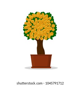 Concept of bitcoin mining with cryptocurrency coins symbol on green tree. Isolated on white background. Vector illustration.