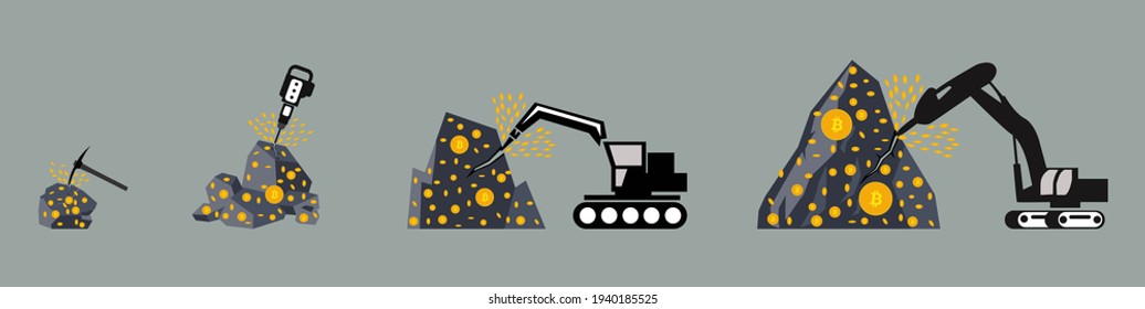 The concept of bitcoin mining, Different methods of bitcoin mining. vector