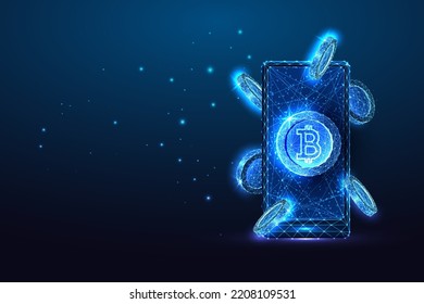 Concepto de pago en línea de bitcoin, transferencia criptodivisa. Estilo poligonal de bajo brillo futurista