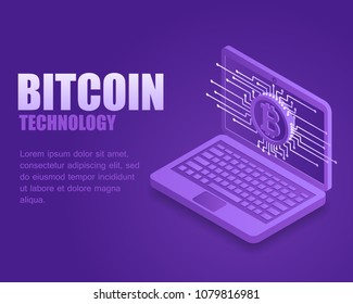 Concept bitcoin technology. Vector illustration isometric digital bitcoin coin on screen laptop. Landing page digital online cryptocurrency