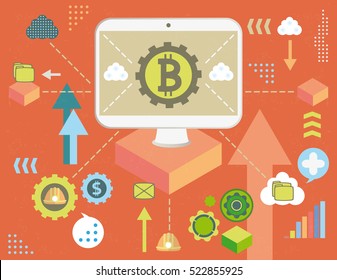 Concept of bitcoin virtual money in the cloud, with infographics elements and grunge texture.