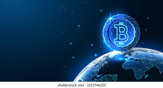 Concepto de bitcoin como futura moneda mundial en el metaverso con bitcoin y vista del planeta Tierra desde el espacio en un futurista estilo poligonal brillante sobre fondo azul oscuro. Ilustración vectorial de diseño moderna