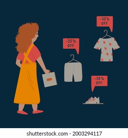 The concept of Black Friday is a day of sales. A woman at a big sale is in a hurry for discounts. Advertising vector illustration. Vector illustration