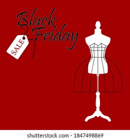 Concept for Black Friday. Image of a mannequin on a white background with the words black Friday and sale. Graphic printing for textiles and fabrics, packaging paper, banners, flyers, invitations.
