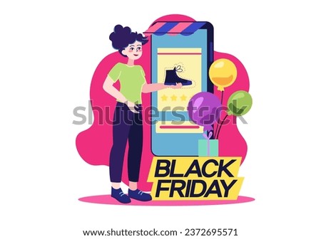 Concept black Friday and online shopping with people scene in the flat cartoon design. Big discounts attracted the girl and she bought new shoes in the online store. Vector illustration.