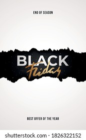 Concept Black Friday sale design with torn paper effect. Vector template with text Black Friday for flyers, brochures, advertising banners, etc.