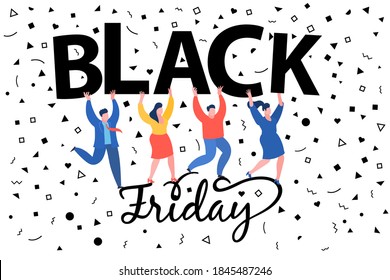 Concept of Black Friday Sale. People hold letters Black. Banner For Social Media on white background. Vector illustration.