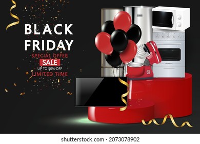 The concept of a Black Friday sale poster for the purchase of electrical appliances and household appliances. 3D rendering isolated on a black background