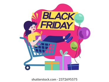 Concept black Friday and shop with people scene in the flat cartoon design. A happy girl has fun in a shopping cart and buys everything there is at a discount. Vector illustration.