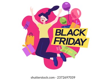 Concept black Friday and super sale with people scene in the flat cartoon style. The girl is mega happy, because she will be able to buy long-awaited gifts with big discounts. Vector illustration.