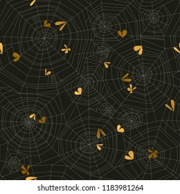 Concept black and gold fly and moth trapped in spider net seamless pattern. Simple line web repeatable motif for wrapping paper, fabric, glamorous Halloween design. 
