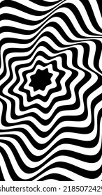 The concept of a black-and-white distorted optical background. Abstract 3D illusion. Vector illustration.