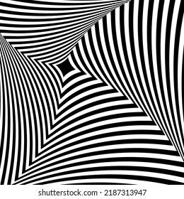 The concept of a black-and-white distorted optical background. Abstract 3D illusion. Vector illustration.