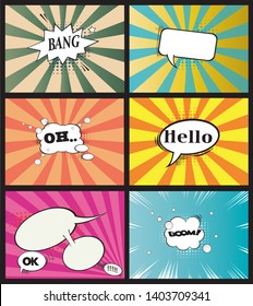 The concept of a blank page of comics with speech bubbles and bright colorful frames with radial rays in the style of pop art. Vector illustration - Vector graphics