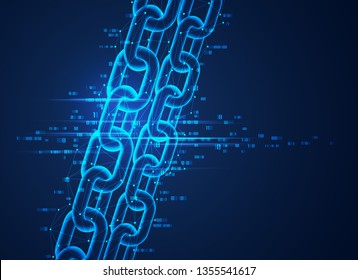 concept of block chain or cyberspace technology, realistic chain with low poly wireframe and binary code