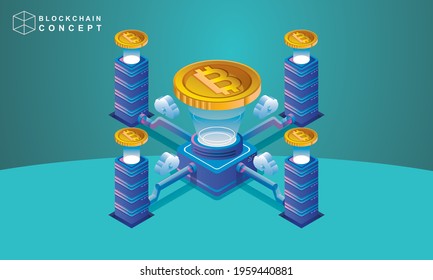 Concept of Block chain technology, data analysis for investors , marketing solutions or financial performance. crypto currency statistics concept, illustration modern flat design isometric vector