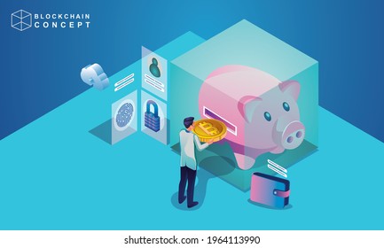 Concept of Block chain technology, data analysis for investors , marketing solutions or financial performance. crypto currency statistics concept, illustration modern flat design isometric vector
