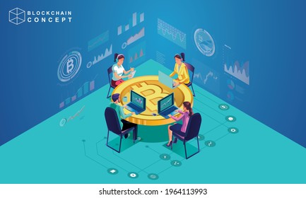 Concept of Block chain technology, data analysis for investors , marketing solutions or financial performance. crypto currency statistics concept, illustration modern flat design isometric vector