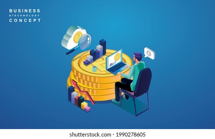 Concept of Block chain technology, data analysis for investors , marketing solutions or financial performance. crypto currency statistics concept, illustration modern flat design isometric vector