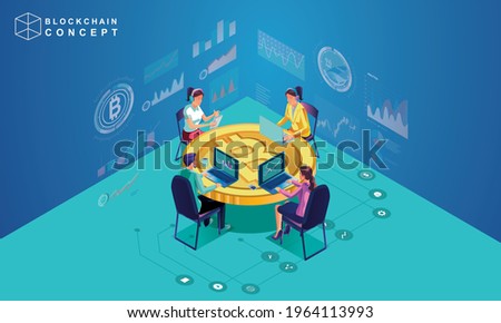Concept of Block chain technology, data analysis for investors , marketing solutions or financial performance. crypto currency statistics concept, illustration modern flat design isometric vector