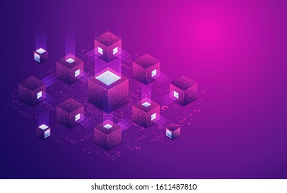 concept of block chian technology or big data, graphic of cubes with binary code and futuristic element