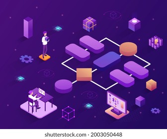 Concept of block scheme creation or modular software development. One man is working at a computer, and the second is building a developed tree diagram. Isometric cartoon vector illustration