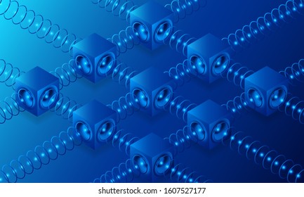 The concept of the blockchain. A chain of blocks containing information. The distribution of information across servers. Isometric view.