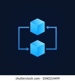 Concept blockchain icon - vector two blue cubes with arrows sign on dark background