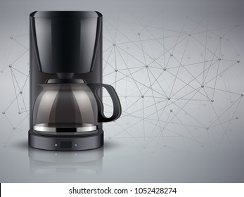 Concept of Blockchain and kitchen appliances in food industry. Coffee maker and Internet of Things on abstract background. Editable Vector illustration.