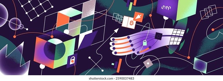 Concept of blockchain technology. Abstract background with digital networks of block chain. Crypto mining, NFT trading, cryptocurrency, tokens. Modern tech in finance system. Flat vector illustration