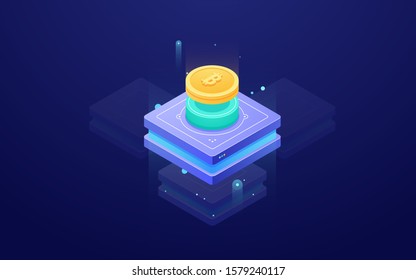 Concept of blockchain technology, isometric server room rack, bitcoin cryptocurrency, cloud storage and database icon, colorful dark neon vector illustration