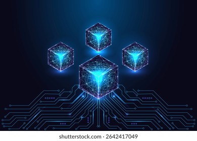 Concept of blockchain, web3, decentralization, AI systems. Cubes on glowing circuits on dark blue background. Futuristic polygonal vector illustration in low poly tech style. Network technology theme.