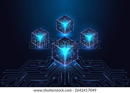 Concept of blockchain, web3, decentralization, AI systems. Cubes on glowing circuits on dark blue background. Futuristic polygonal vector illustration in low poly tech style. Network technology theme.