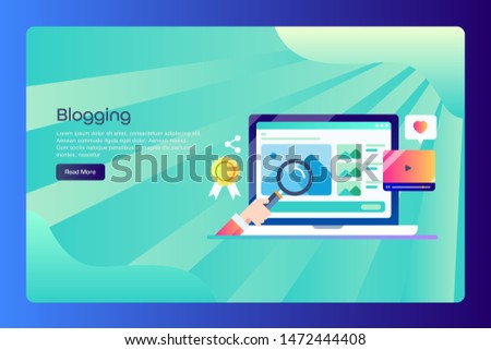 Concept of blog, blogging, writing blog articles, vector illustration on landing page