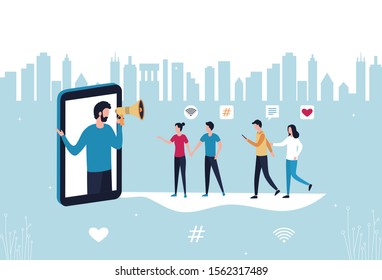 Concept blogger influencer marketing referral. A man with a hand-held megaphone from a smartphone attracts subscribers, buyers to promote new services and goods. Flat vector stock illustration.