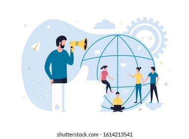 Concept blogger influencer social network. Man with a megaphone, storytelling. Online communication, followers, likes, promotion of goods and services via the Internet. Flat vector illustration