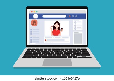 Concept of blogger in social media showing video photo makeup tutorial for web page, banner, presentation. Vector illustration communication via the Internet social networking. Eps Vector illustration