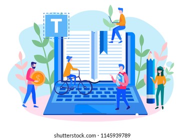 Concept Blogging, education, creative writing, content management for web page, banner, presentation, social media, documents, cards, posters. Vector illustration news, copywriting, seminars, tutorial