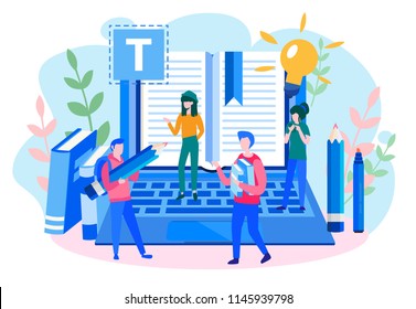 Concept Blogging, education, creative writing, content management for web page, banner, presentation, social media, documents, cards, posters. Vector illustration news, copywriting, seminars, tutorial