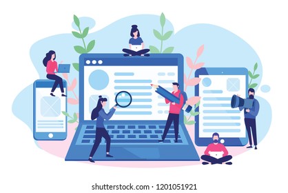 Concept Blogging, education, creative writing, content management for web page, banner, presentation, social media, documents, cards, posters. Vector illustration news, copywriting, seminars, tutorial