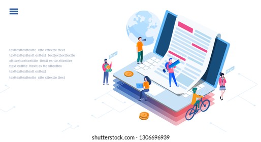 Concept Blogging, education, creative writing, content management for web page, banner, presentation, social media, documents, cards, posters. Vector illustration news, copywriting, seminars, tutorial