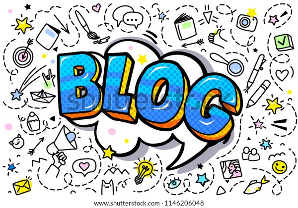 Concept of blogging. Golden Blog word bubble. Message in pop art comic style.