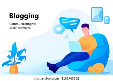 Concept of blogging. Man sitting in comfortable armchair at home and working on laptop. Communication via social networks, flat style - stock vector