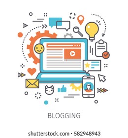 Concept of blogging. Open notebook with blog and icons in the style of line art. Flat design, lineart vector illustration