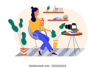 Concept blogging with people scene in the flat cartoon design. Blogger promotes a new shampoo in her video. Vector illustration.